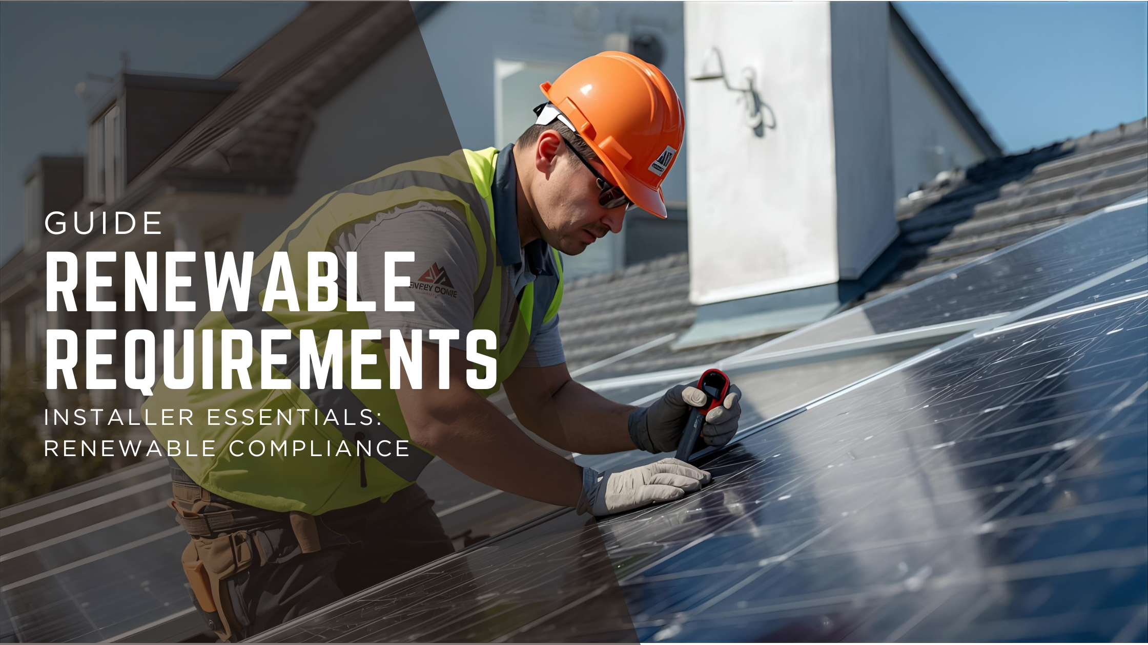 Installer in safety gear fitting solar panels on a residential roof, representing compliance and professional standards in renewable energy.