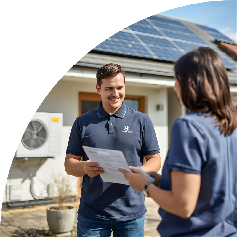 A smiling installer in a branded polo shirt shows paperwork to a homeowner outside a modern house with solar panels on the roof and a heat pump unit on the wall.
