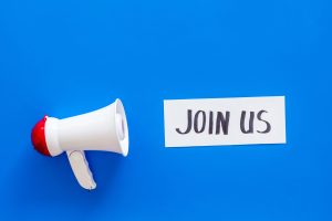 Membership,Concept.,Hand,Lettering,Join,Us,Near,Megaphone,On,Blue